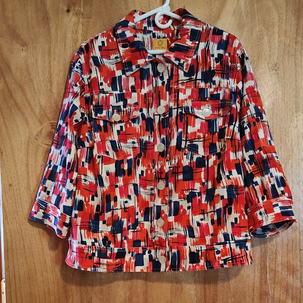 Ruby Rd Woman Colorful Abstract Print Cropped Blazer Red Orange Navy Stretch 18W